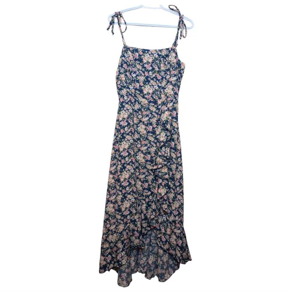 Emerald Sundae Blue Floral Print Thin Strap Sleeveless Ruffle Front Women Medium